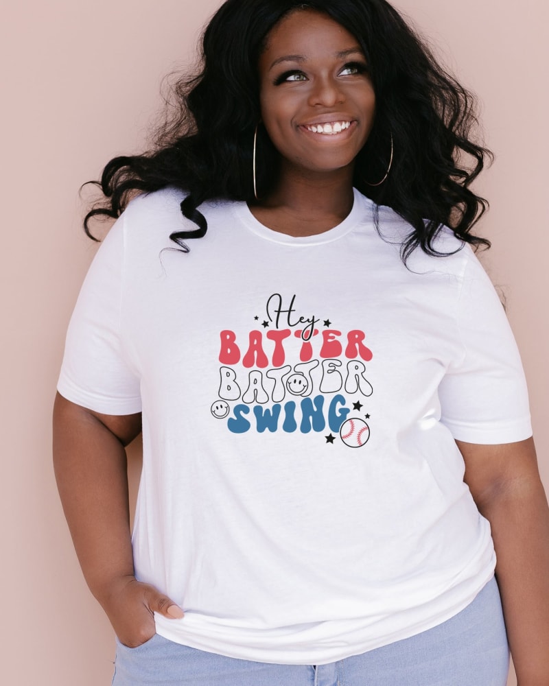 Front of a model wearing a size Large Batter Batter Red White Blue in White by Simply Sage Market. | dia_product_style_image_id:281362